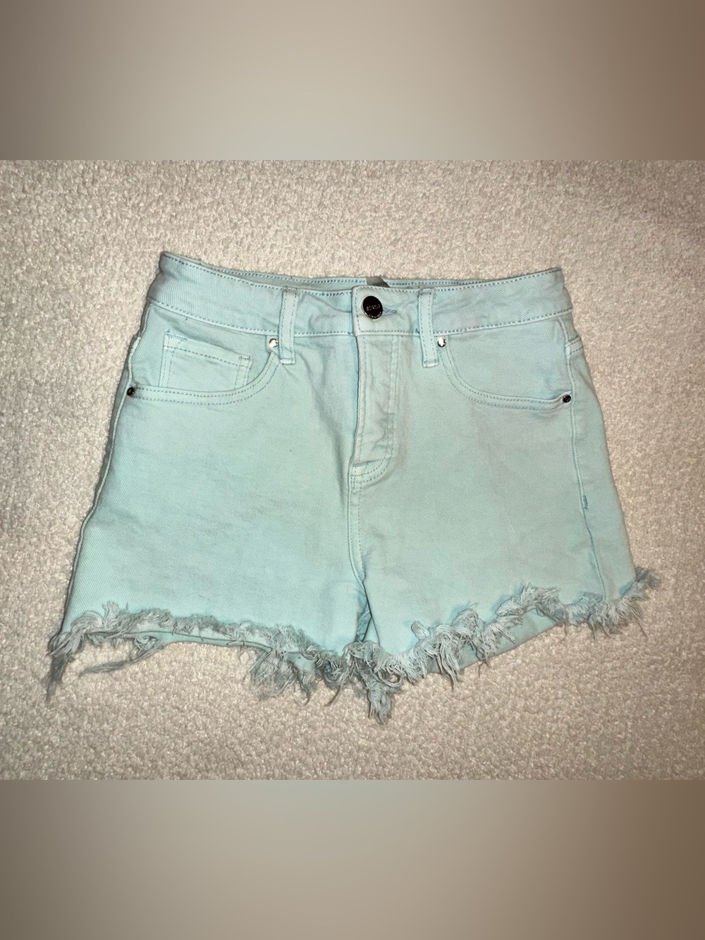 High-Rise Light Aqua Frayed Hem Denim Shorts